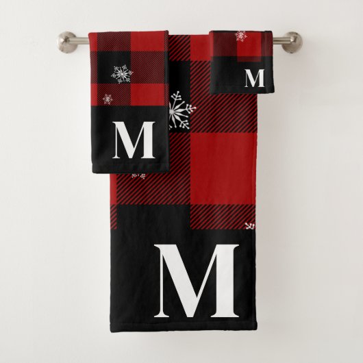Rode geruite flanel aangepaste monogram winter bad handdoek (Insitu)