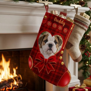 Rode geruite hartvormige huisdier foto Kerstmis Kleine Kerstsok