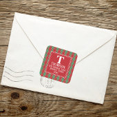 Rode geruite kerst retouradres aangepast vierkante sticker