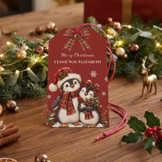 Rode geruite pinguïn Ik hou van jou Aangepaste naa Cadeaulabel