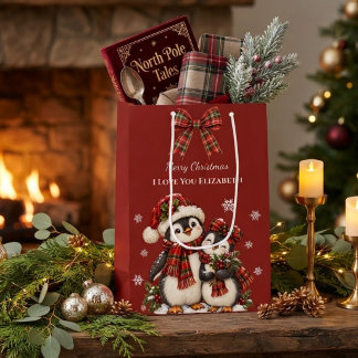 Rode geruite pinguïn Ik hou van jou Aangepaste naa Medium Cadeauzakje