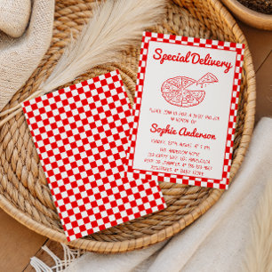 Rode Geruite Speciale Levering Pizza Baby Shower Kaart
