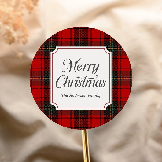 Rode geruite vrolijk kerstfeest ronde sticker