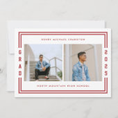 Rode gestreepte twee foto afstudeerfeest aankondiging (Voorkant)