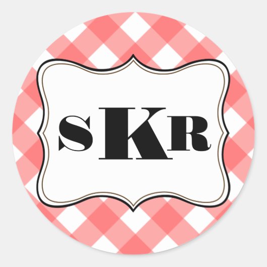 Rode gingham 3 monogram letter landstijl ronde sticker (Voorkant)