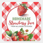 Rode Gingham Aardbeienjam Potlabel Vierkante Sticker (Voorkant)
