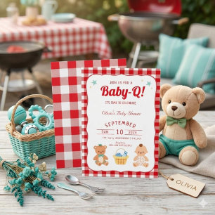 Rode Gingham Baby-Q Baby Shower Uitnodiging, Pickn Kaart