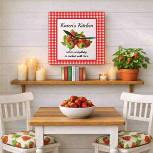 Rode Gingham en Aardbeien Wandklok Vierkante Klok
