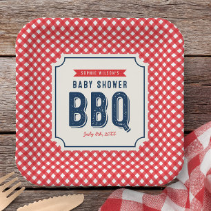 Rode Gingham en Blauwe Baby Shower BBQ Papieren Bordje