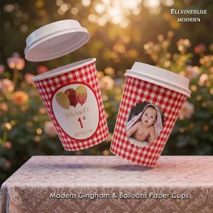 Rode Gingham Glitter Ballonnen & Foto Verjaardag Papieren Bekers