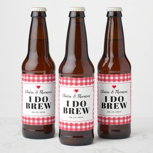 Rode Gingham I Do Brew Trouwfeest Uitnodiging Cust Bier Etiket (Flessen)