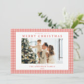 Rode Gingham Kerst Foto Feestdagenkaart (Staand voorkant)