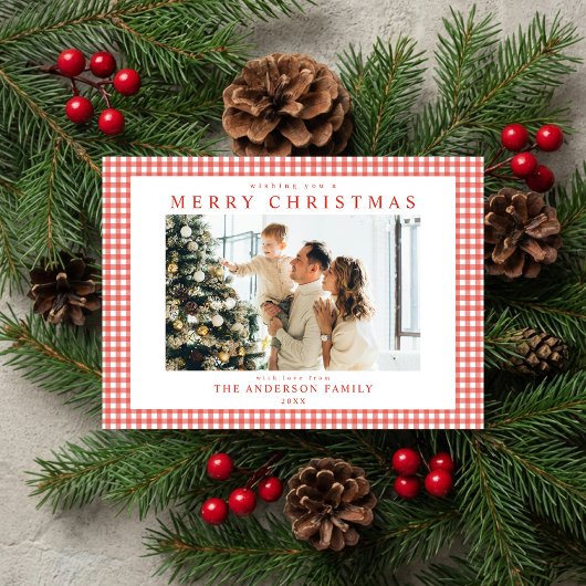 Rode Gingham Kerst Foto Feestdagenkaart