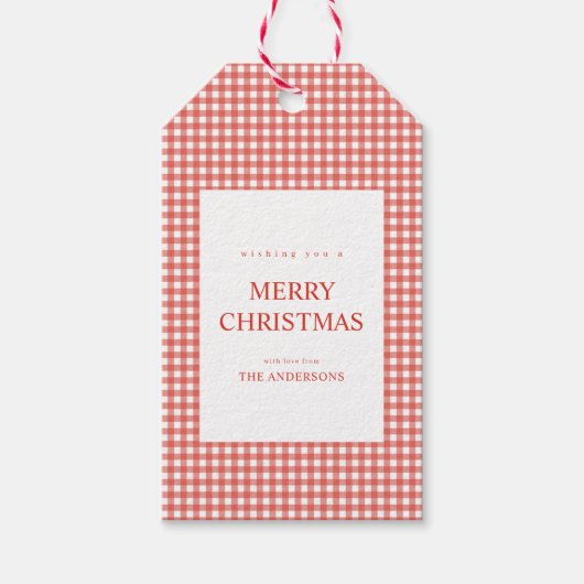 Rode Gingham Kerstmis Cadeaulabel (Voorkant)