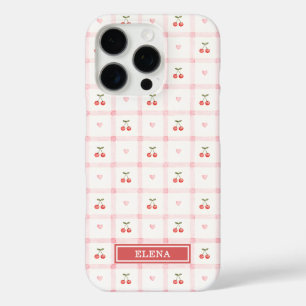 Rode Gingham met Kersen en Strikken met Monogram iPhone 16 Pro Hoesje