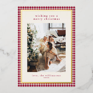 Rode Gingham Plaid Portret Foto Kerst Goud Folie Feestdagenkaart