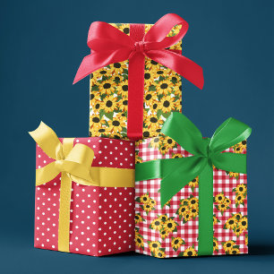 Rode Gingham Stippen Zonnebloem Bloemmotieven Inpakpapier Vel