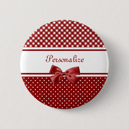 Rode Gingham Strik Naam Ronde Button 5,7 Cm (Voorkant)