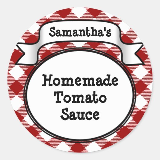 Rode Gingham tomatensaus of recept pot/deksel labe Ronde Sticker (Voorkant)