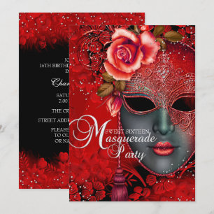 Rode glinsterend masker Masquerade Sweet 16 uitnod Kaart
