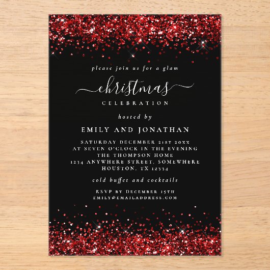 Rode Glitter Border Kerst Zwart Acryl Acryl Uitnodigingen (Voorkant)