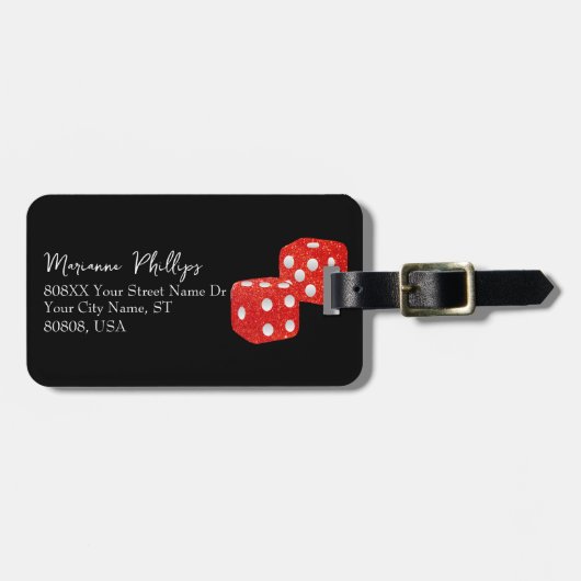 Rode Glitter Casino Dice op zwart Bagagelabel (Voorkant horizontaal)