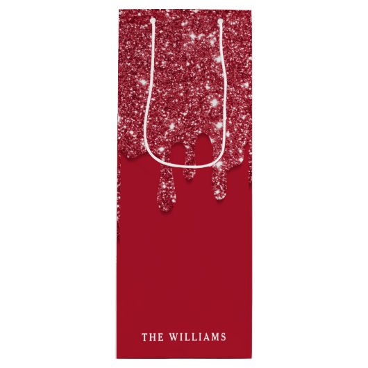 Rode Glitter Drip Aangepaste naam Wijn Cadeautas (Voorkant)