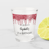 Rode glitter druppels naam verjaardagsfeestje shot glas (Voorkant)