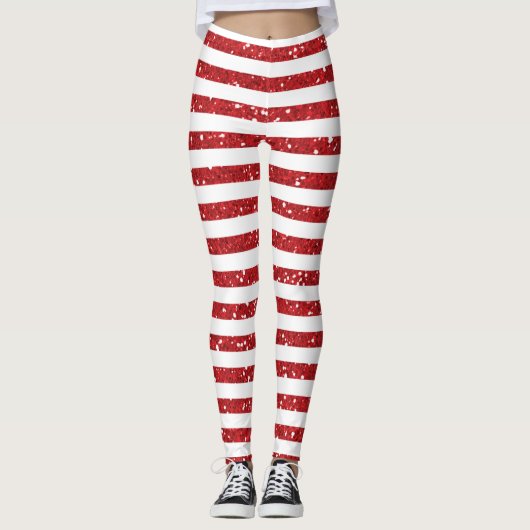 Rode Glitter Gestreepte Leggings (Voorkant)