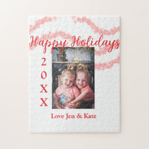 Rode glitter kinder prettige feestdagen familiefot legpuzzel