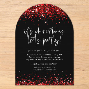 Rode Glitter Laten we Feest Kerstmis Zwart Acryl Uitnodigingen