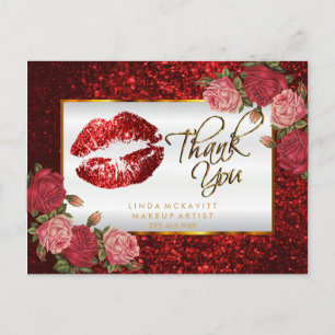 Rode Glitter Lippenstift en Rozen - Dank je Briefkaart