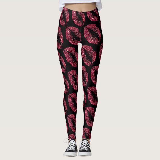 Rode Glitter Lips Modern Zwart Leggings (Voorkant)