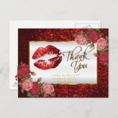 Rode Glitter Lipstick en Rozen - Dank u Briefkaart (Voorkant / Achterkant)