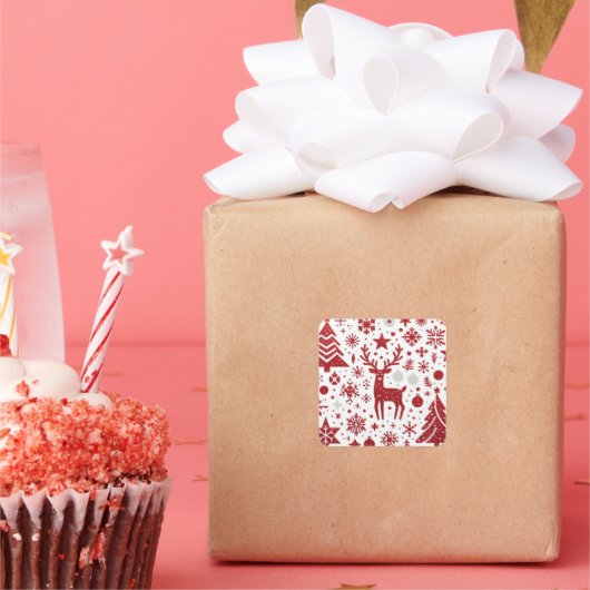 Rode Glitter Rendier Kerststicker Vierkante Sticker (Feest)