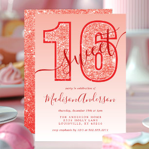 Rode Glitter Script Sweet 16 Verjaardagsfeest Kaart