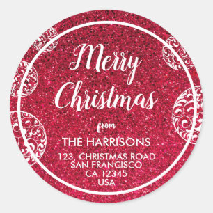 Rode Glitter Witte Kerstmis Baubles Adres Ronde Sticker