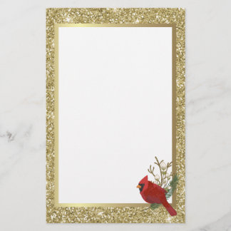 Rode glitterkardinaal met Glittery Gold Border Briefpapier