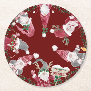 Rode Gnomen Christmas Waterverf Grey Holly Foliage Ronde Kartonnen Onderzetter