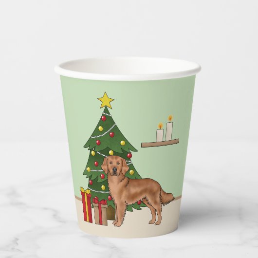 Rode Golden Retriever met kerstboom groen Papieren Bekers (Voorkant)