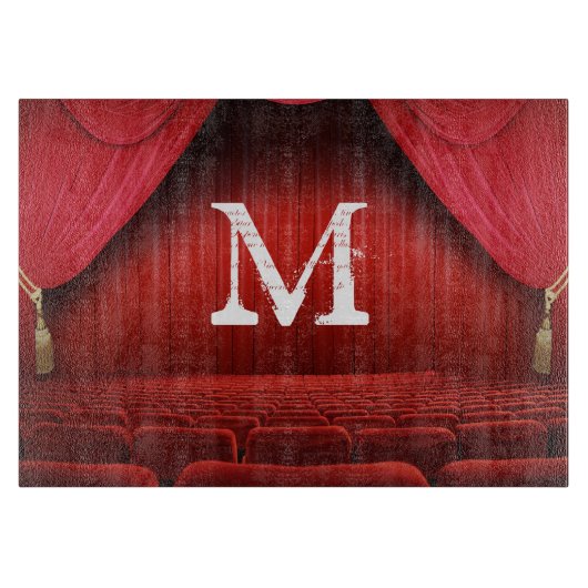 Rode Gordijn Theater Monogram Glas Snijplank (Voorkant)