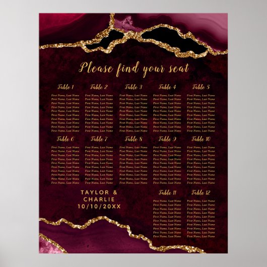 Rode Goud Agaat Trouw Stoelenkaart 12 Tafels Poster (Voorkant)