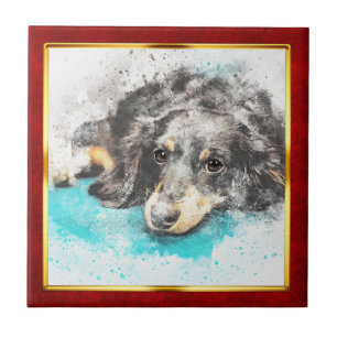 Rode & Gouden Abstracte Hondprint met Lijst Tegeltje