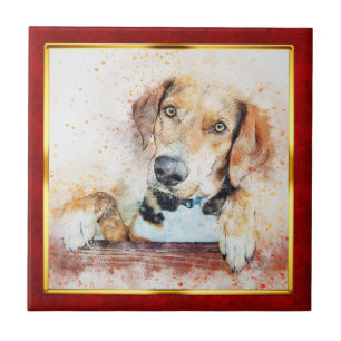 Rode & Gouden Abstracte Hondprint met Lijst Tegeltje