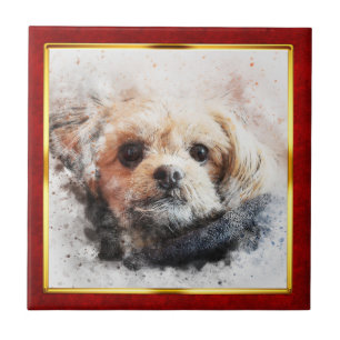Rode & Gouden Abstracte Hondprint met Lijst Tegeltje