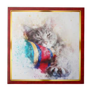 Rode & Gouden Abstracte Kat Print met Lijst Tegeltje