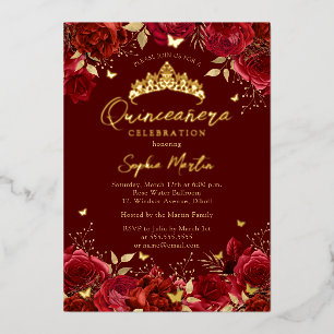 Rode Gouden Betoverende Bloemvlinder Quinceanera Folie Uitnodiging