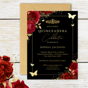 Rode Gouden Bloem Vlinder Tiara Quinceanera Folie Uitnodiging