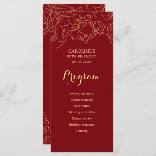 Rode Gouden Bloemen Verjaardagsprogramma Programma (Voorkant / Achterkant)