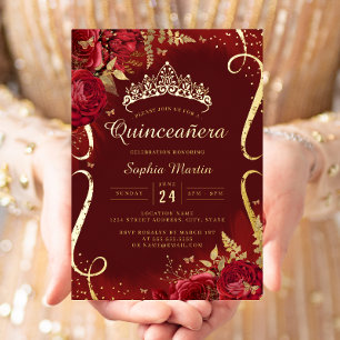 Rode Gouden Bloemenscherm Quinceanera Folie Uitnodiging